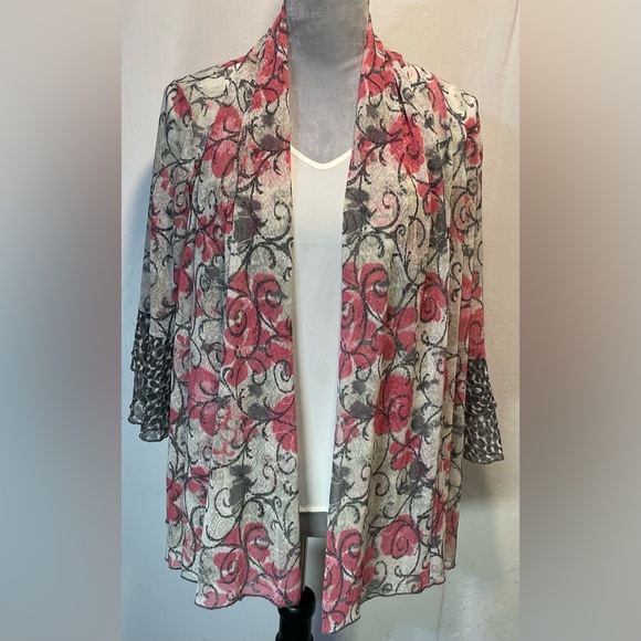 Multiples Tops - #0231 MULTIPLES Floral Sheer Kimono Cardigan w/ Leopard Layered Flare Sleeves-S